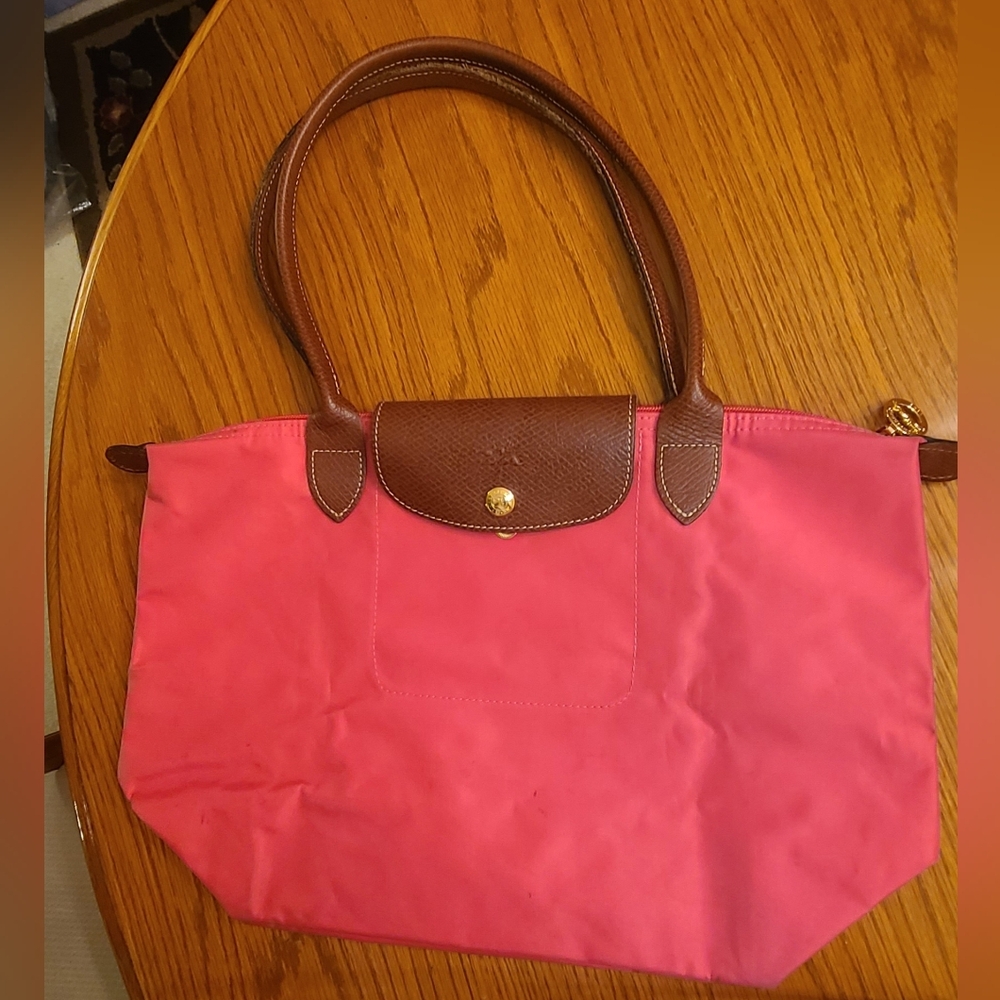 Longchamp Pink Le Pliage Medium Tote with Brown Leather Handles - Picture 13 of 15
